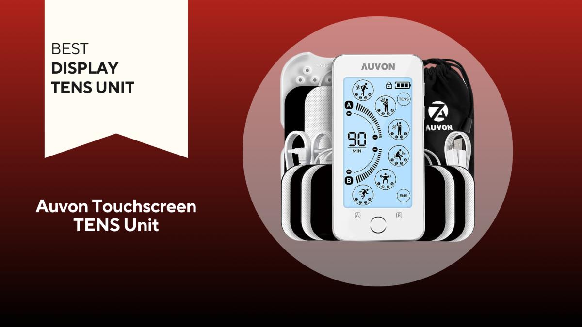 Image of an Auvon Touchscreen TENS unit against a red background